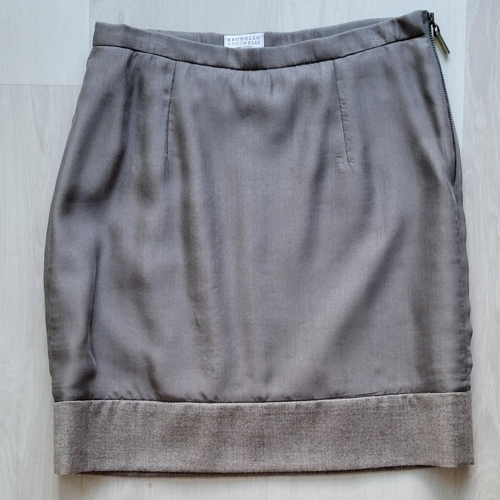 Brunello Cucinelli gray/brown wool/chiffon miniskirt, size 0/2